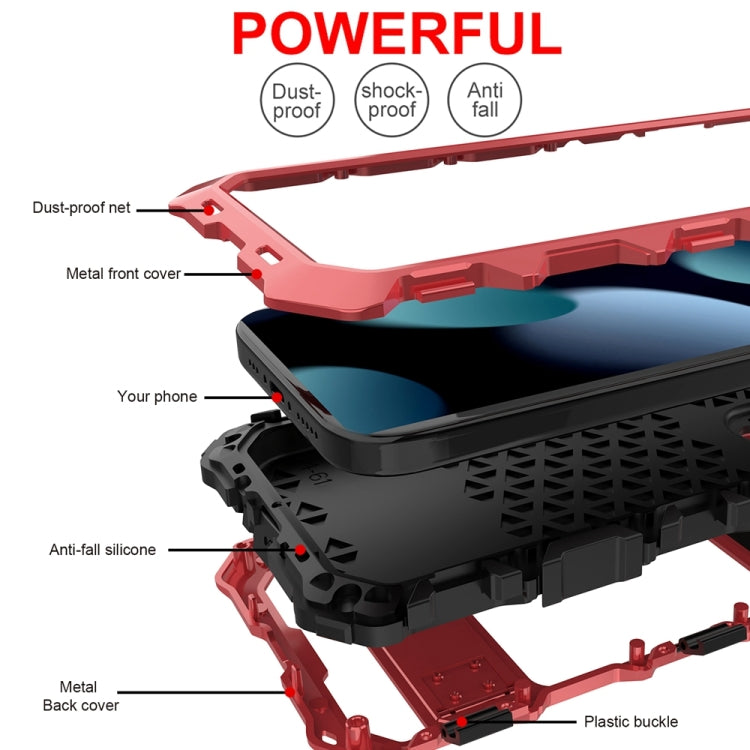 For iPhone 15 R-JUST Metal + Silicone + Tempered Glass Life Waterproof Phone Case with Holder(Red) - free shipping - PMC TechLife - Order now!