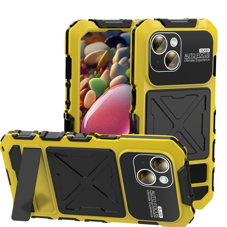 For iPhone 15 R-JUST Metal + Silicone + Tempered Glass Life Waterproof Phone Case with Holder(Yellow) - iPhone 15 Cases by R-JUST | Online Shopping South Africa | PMC TechLife | Buy Now Pay Later Mobicred
