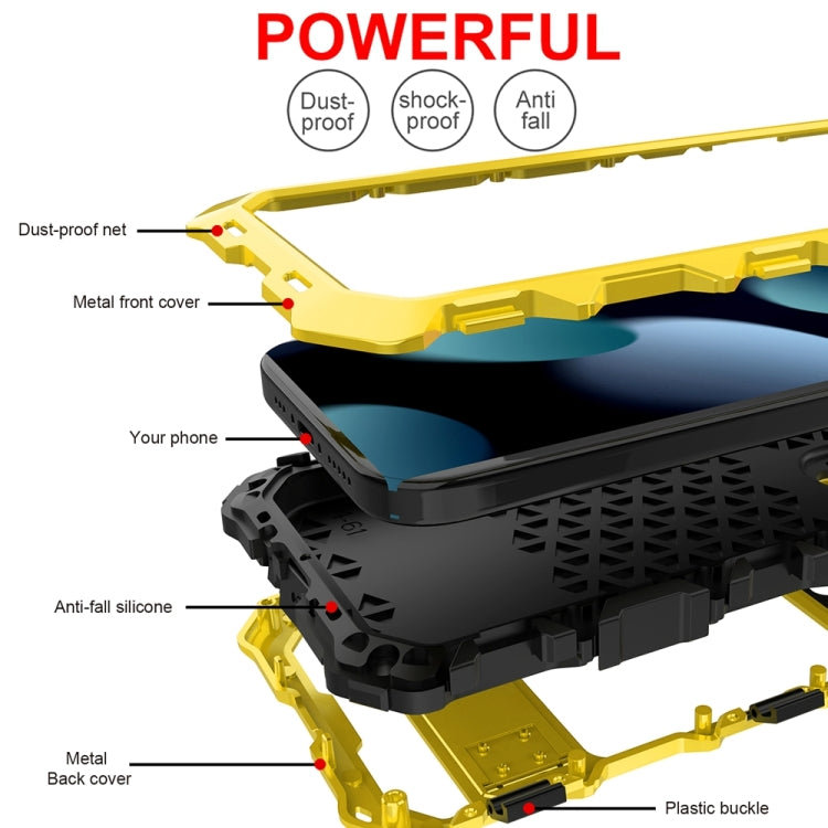For iPhone 15 R-JUST Metal + Silicone + Tempered Glass Life Waterproof Phone Case with Holder(Yellow) - iPhone 15 Cases by R-JUST | Online Shopping South Africa | PMC TechLife | Buy Now Pay Later Mobicred