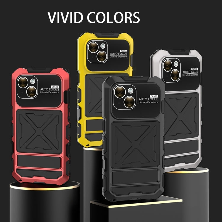 For iPhone 15 R-JUST Metal + Silicone + Tempered Glass Life Waterproof Phone Case with Holder(Yellow) - iPhone 15 Cases by R-JUST | Online Shopping South Africa | PMC TechLife | Buy Now Pay Later Mobicred