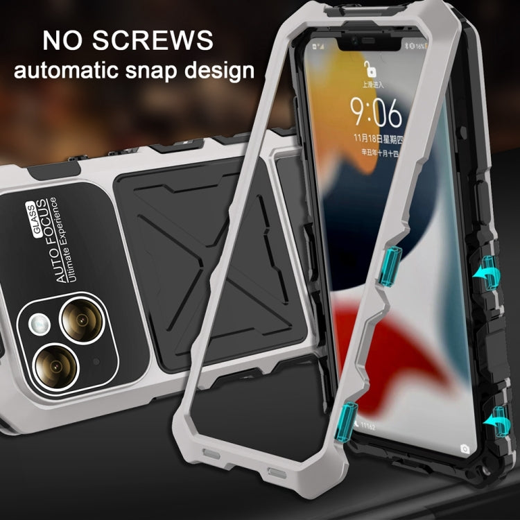 For iPhone 15 R-JUST Metal + Silicone + Tempered Glass Life Waterproof Phone Case with Holder(Silver) - iPhone 15 Cases by R-JUST | Online Shopping South Africa | PMC TechLife | Buy Now Pay Later Mobicred