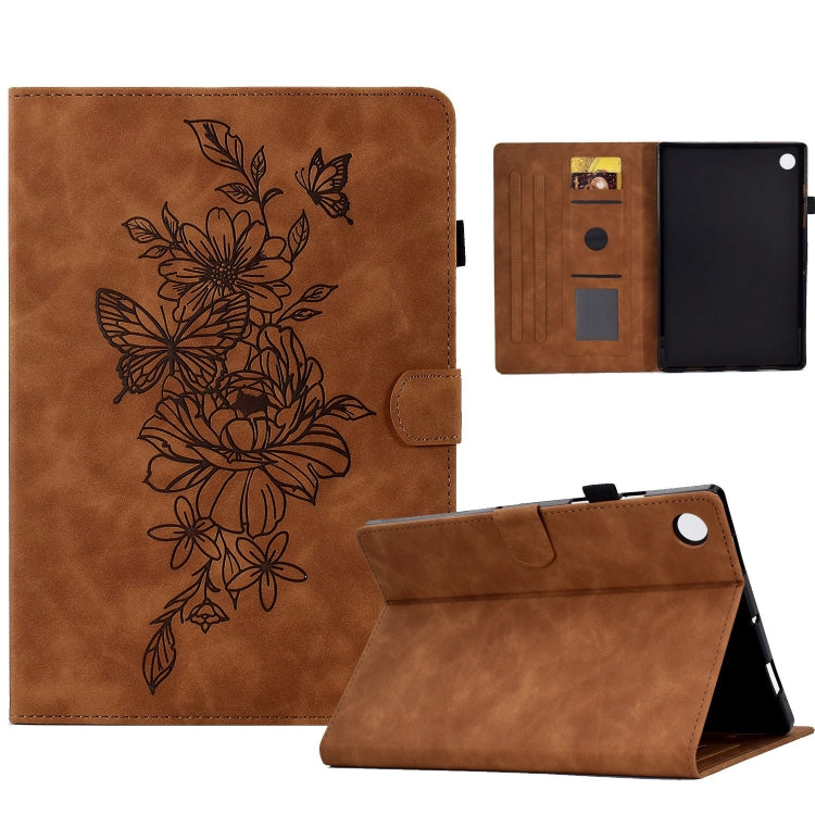 For Samsung Galaxy Tab A9+ Peony Butterfly Embossed Leather Smart Tablet Case(Brown) - Galaxy Tab A9+ by PMC TechLife | Online Shopping South Africa | PMC TechLife