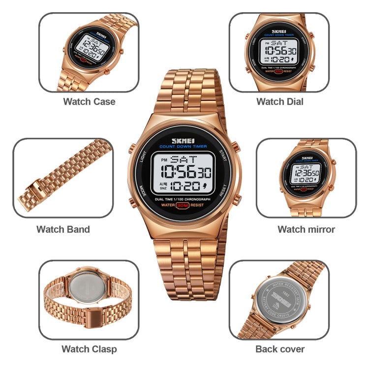 SKMEI 1882 Multifunctional Men 30M Waterproof Luminous Stainless Steel Digital Wrist Watch(Gold White) - free shipping - PMC TechLife - Order now!