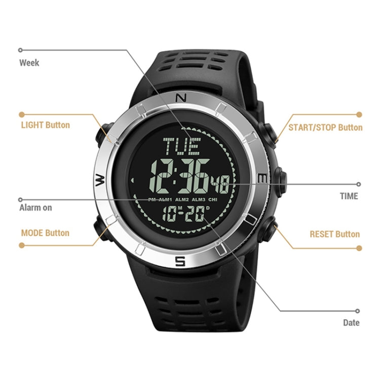 Shimei 2096 Multifunctional Men 50M Waterproof Compass Noctilucent Digital Wrist Watch(Silver) - free shipping - PMC TechLife - Order now!