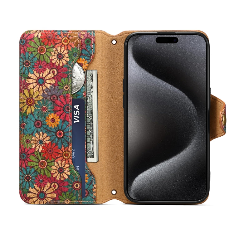 For iPhone 16 Denior Flower Language Series Cork Fabric Oil Edge Leather Phone Case(Spring) - free shipping - PMC Jewellery - Order now!
