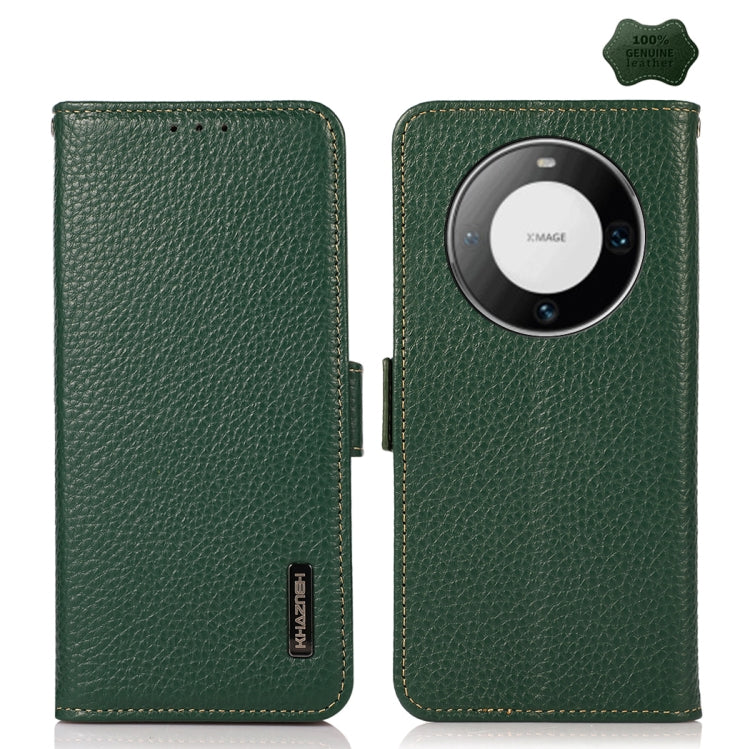 For Huawei Mate 60 Pro KHAZNEH Side-Magnetic Litchi Genuine Leather RFID Case(Green) - free shipping - PMC TechLife - Order now!