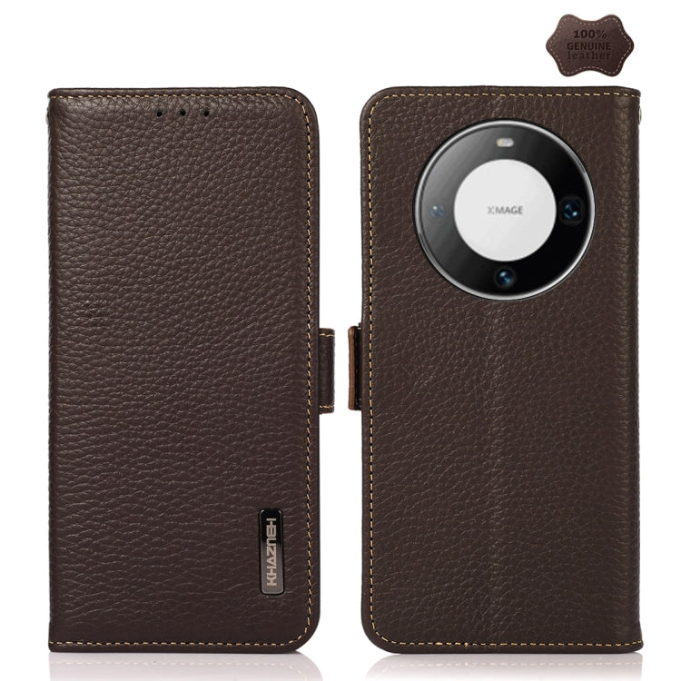 For Huawei Mate 60 Pro KHAZNEH Side-Magnetic Litchi Genuine Leather RFID Case(Brown) - Huawei Cases by PMC TechLife | Online Shopping South Africa | PMC TechLife | Buy Now Pay Later Mobicred