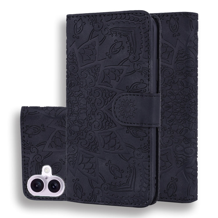 For iPhone 16 Mandala Embossed Dual-Fold Calf Leather Phone Case(Black) - iPhone 16 Cases by PMC TechLife | Online Shopping South Africa | PMC TechLife | Buy Now Pay Later Mobicred