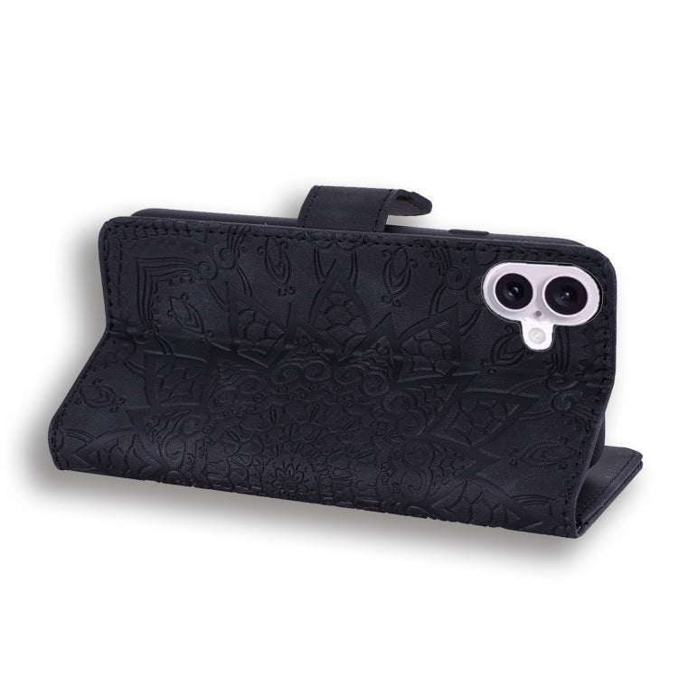 For iPhone 16 Mandala Embossed Dual-Fold Calf Leather Phone Case(Black) - iPhone 16 Cases by PMC TechLife | Online Shopping South Africa | PMC TechLife | Buy Now Pay Later Mobicred