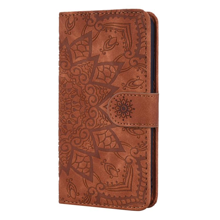 For iPhone 16e Mandala Embossed Dual-Fold Calf Leather Phone Case(Brown) - iPhone 16e Cases by PMC TechLife | Online Shopping South Africa | PMC TechLife | Buy Now Pay Later Mobicred