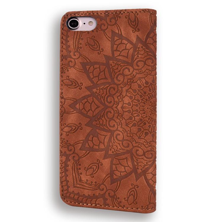 For iPhone 16e Mandala Embossed Dual-Fold Calf Leather Phone Case(Brown) - iPhone 16e Cases by PMC TechLife | Online Shopping South Africa | PMC TechLife | Buy Now Pay Later Mobicred