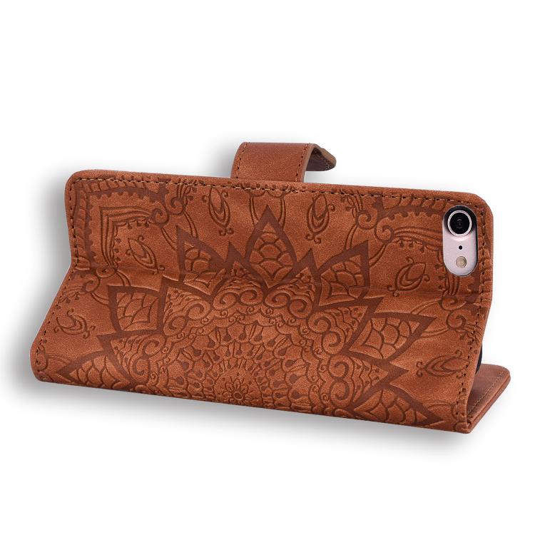 For iPhone 16e Mandala Embossed Dual-Fold Calf Leather Phone Case(Brown) - iPhone 16e Cases by PMC TechLife | Online Shopping South Africa | PMC TechLife | Buy Now Pay Later Mobicred