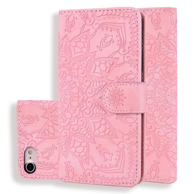 For iPhone 16e Mandala Embossed Dual-Fold Calf Leather Phone Case(Pink) - iPhone 16e Cases by PMC TechLife | Online Shopping South Africa | PMC TechLife | Buy Now Pay Later Mobicred