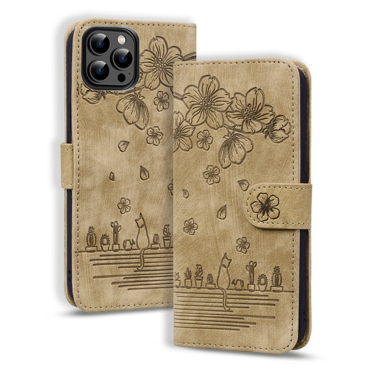 For iPhone 16 Pro Max Cartoon Sakura Cat Embossed Leather Phone Case(Brown) - free shipping - PMC TechLife - Order now!