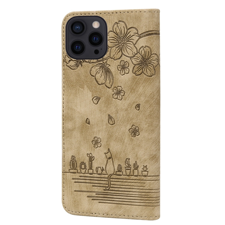 For iPhone 16 Pro Max Cartoon Sakura Cat Embossed Leather Phone Case(Brown) - free shipping - PMC TechLife - Order now!