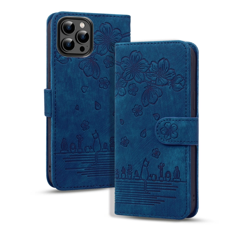 For iPhone 16 Pro Cartoon Sakura Cat Embossed Leather Phone Case(Royal Blue) - iPhone 16 Pro Cases by PMC TechLife | Online Shopping South Africa | PMC TechLife | Buy Now Pay Later Mobicred
