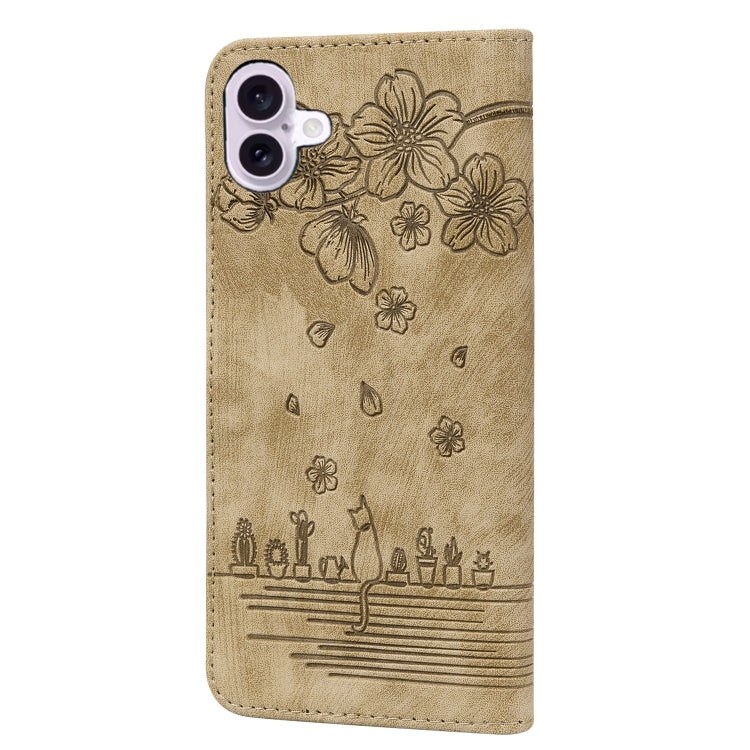 For iPhone 16 Plus Cartoon Sakura Cat Embossed Leather Phone Case(Brown) - iPhone 16 Plus Cases by PMC TechLife | Online Shopping South Africa | PMC TechLife | Buy Now Pay Later Mobicred
