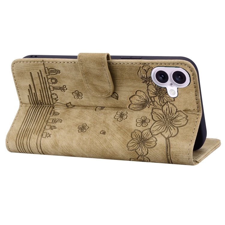 For iPhone 16 Plus Cartoon Sakura Cat Embossed Leather Phone Case(Brown) - iPhone 16 Plus Cases by PMC TechLife | Online Shopping South Africa | PMC TechLife | Buy Now Pay Later Mobicred