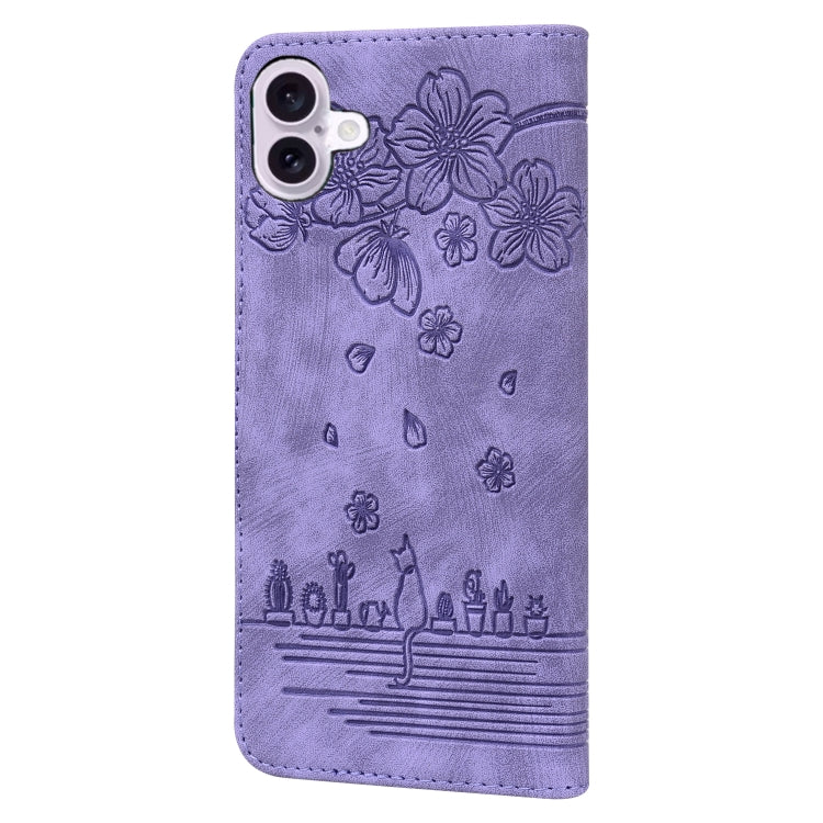 For iPhone 16 Cartoon Sakura Cat Embossed Leather Phone Case(Purple) - iPhone 16 Cases by PMC TechLife | Online Shopping South Africa | PMC TechLife | Buy Now Pay Later Mobicred