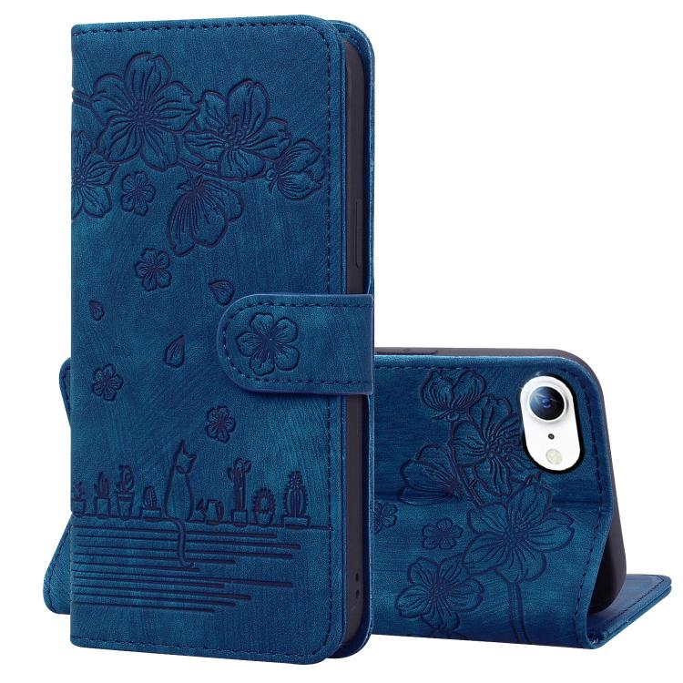 For iPhone 16e Cartoon Sakura Cat Embossed Leather Phone Case(Royal Blue) - iPhone 16e Cases by PMC TechLife | Online Shopping South Africa | PMC TechLife | Buy Now Pay Later Mobicred