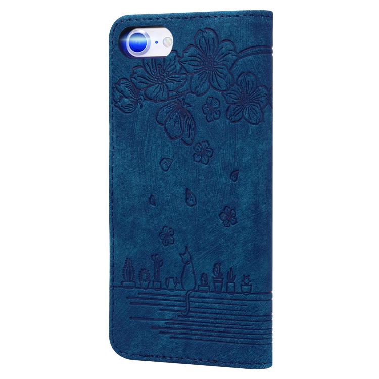 For iPhone 16e Cartoon Sakura Cat Embossed Leather Phone Case(Royal Blue) - iPhone 16e Cases by PMC TechLife | Online Shopping South Africa | PMC TechLife | Buy Now Pay Later Mobicred