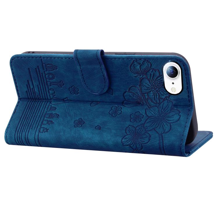 For iPhone 16e Cartoon Sakura Cat Embossed Leather Phone Case(Royal Blue) - iPhone 16e Cases by PMC TechLife | Online Shopping South Africa | PMC TechLife | Buy Now Pay Later Mobicred