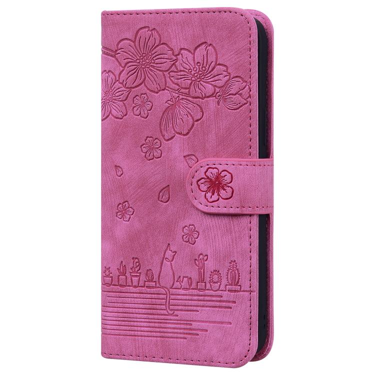 For iPhone 16e Cartoon Sakura Cat Embossed Leather Phone Case(Rose Red) - iPhone 16e Cases by PMC TechLife | Online Shopping South Africa | PMC TechLife | Buy Now Pay Later Mobicred