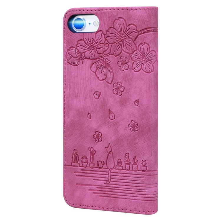 For iPhone 16e Cartoon Sakura Cat Embossed Leather Phone Case(Rose Red) - iPhone 16e Cases by PMC TechLife | Online Shopping South Africa | PMC TechLife | Buy Now Pay Later Mobicred