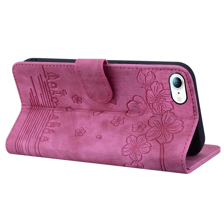 For iPhone 16e Cartoon Sakura Cat Embossed Leather Phone Case(Rose Red) - iPhone 16e Cases by PMC TechLife | Online Shopping South Africa | PMC TechLife | Buy Now Pay Later Mobicred