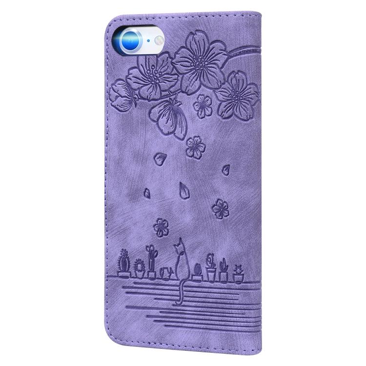 For iPhone 16e Cartoon Sakura Cat Embossed Leather Phone Case(Purple) - iPhone 16e Cases by PMC TechLife | Online Shopping South Africa | PMC TechLife | Buy Now Pay Later Mobicred