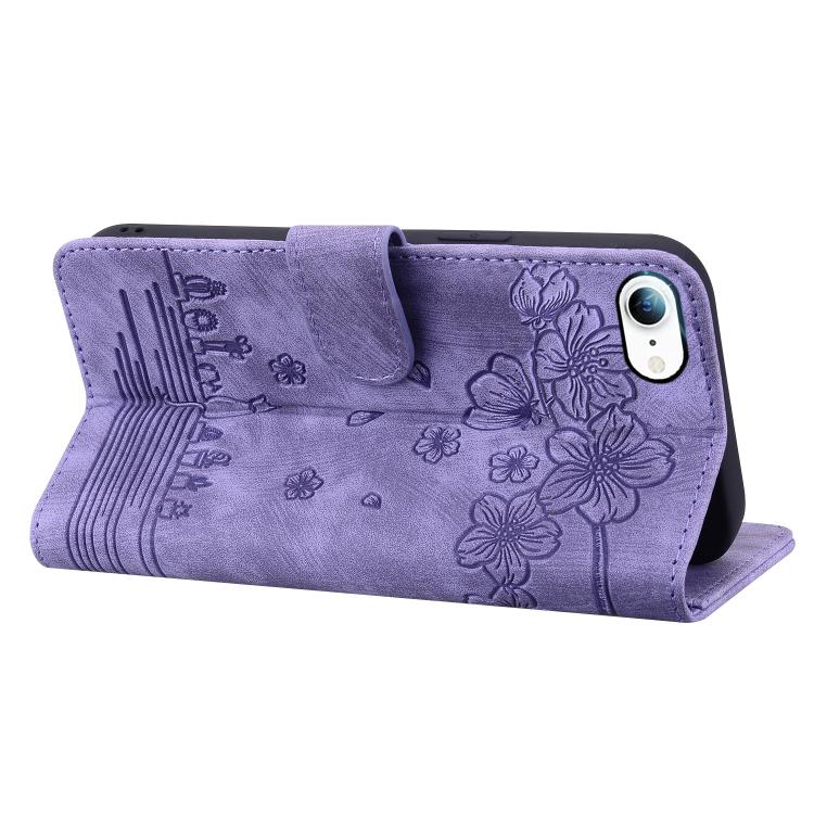 For iPhone 16e Cartoon Sakura Cat Embossed Leather Phone Case(Purple) - iPhone 16e Cases by PMC TechLife | Online Shopping South Africa | PMC TechLife | Buy Now Pay Later Mobicred