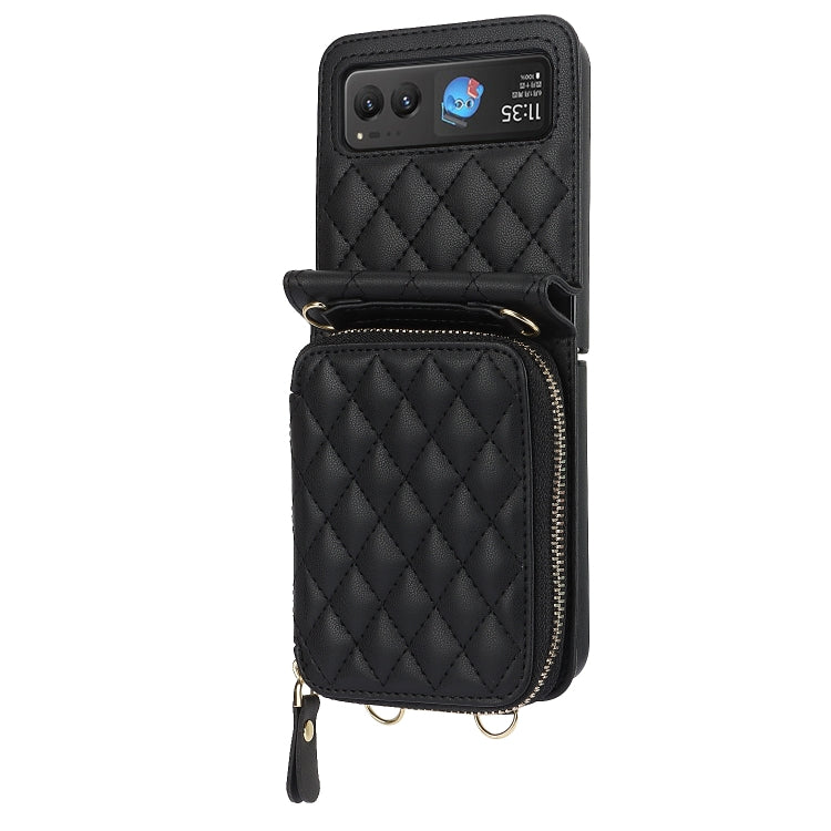 For Motorola Razr 40 Rhombic Texture Card Bag Phone Case with Dual Lanyard(Black) - Motorola Cases by PMC TechLife | Online Shopping South Africa | PMC TechLife | Buy Now Pay Later Mobicred