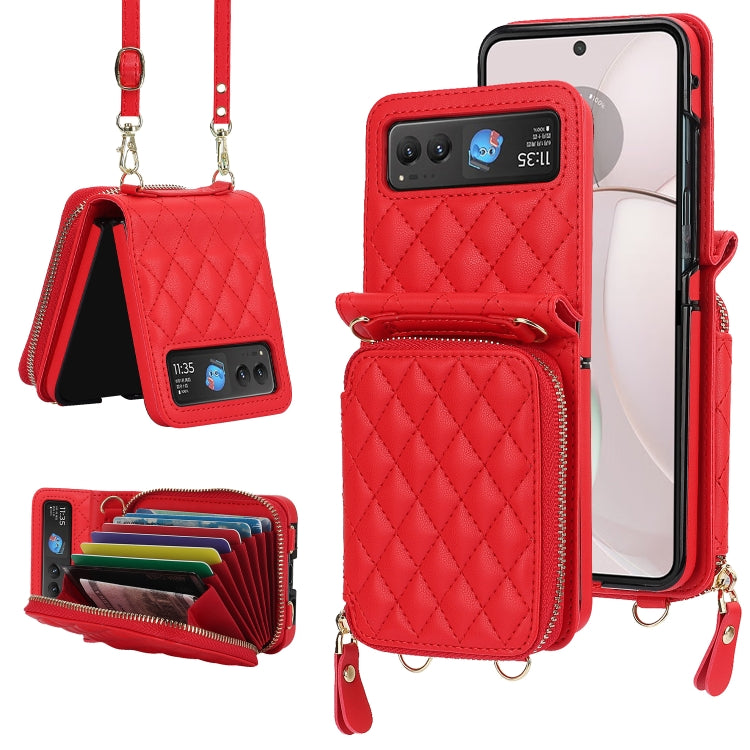 For Motorola Razr 40 Rhombic Texture Card Bag Phone Case with Dual Lanyard(Red) - Motorola Cases by PMC TechLife | Online Shopping South Africa | PMC TechLife | Buy Now Pay Later Mobicred