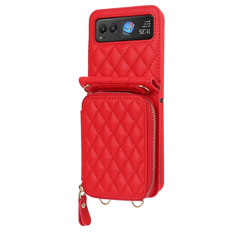 For Motorola Razr 40 Rhombic Texture Card Bag Phone Case with Dual Lanyard(Red) - Motorola Cases by PMC TechLife | Online Shopping South Africa | PMC TechLife | Buy Now Pay Later Mobicred