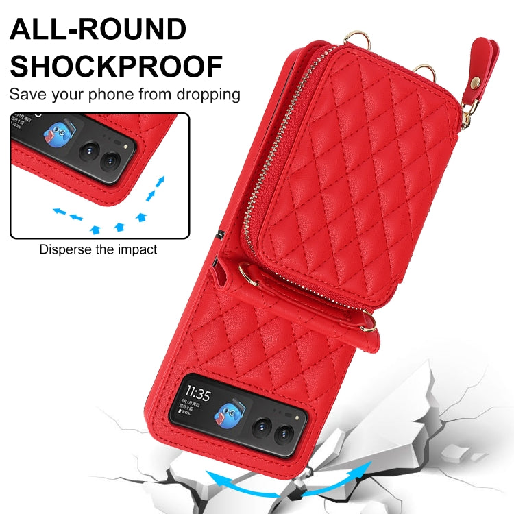For Motorola Razr 40 Rhombic Texture Card Bag Phone Case with Dual Lanyard(Red) - Motorola Cases by PMC TechLife | Online Shopping South Africa | PMC TechLife | Buy Now Pay Later Mobicred