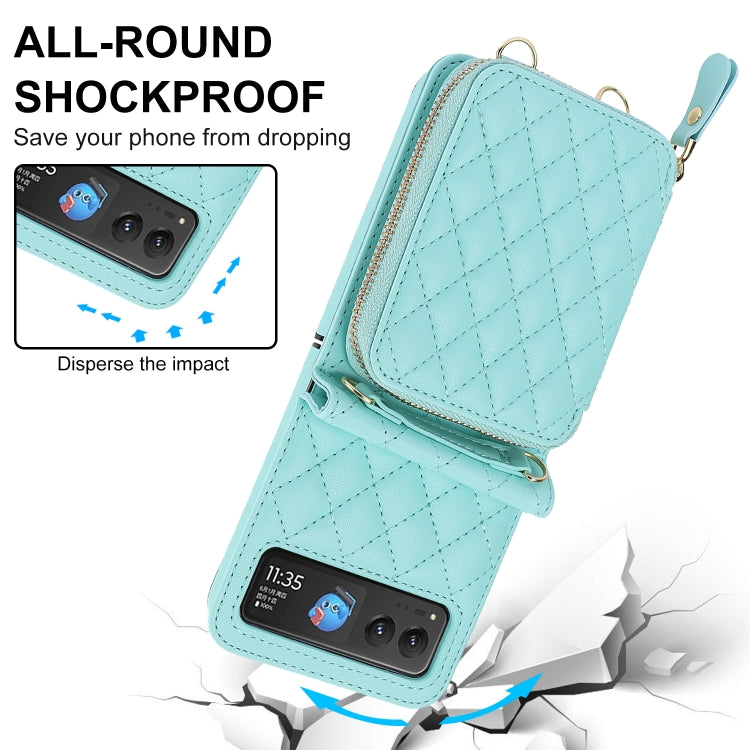 For Motorola Razr 40 Rhombic Texture Card Bag Phone Case with Dual Lanyard(Green) - Motorola Cases by PMC TechLife | Online Shopping South Africa | PMC TechLife | Buy Now Pay Later Mobicred