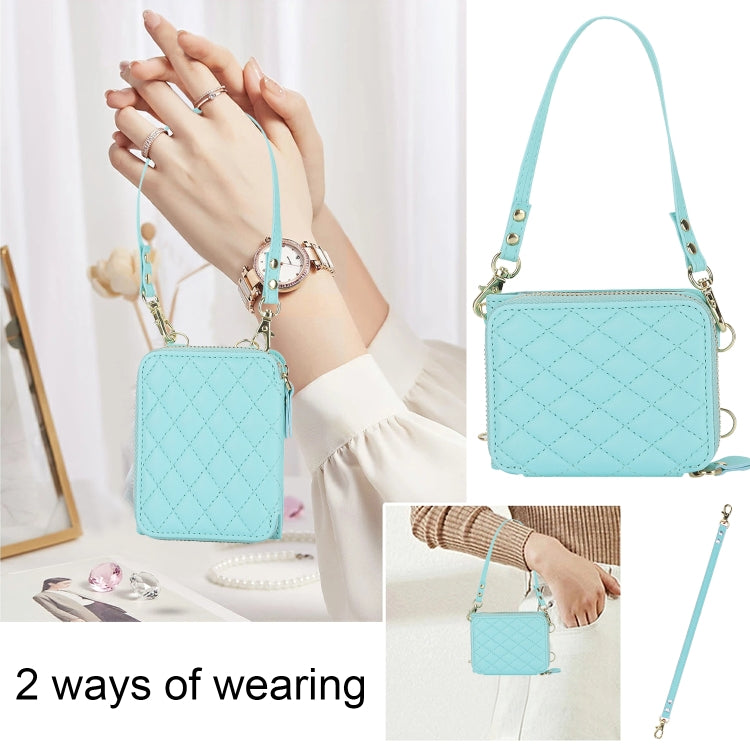 For Motorola Razr 40 Rhombic Texture Card Bag Phone Case with Dual Lanyard(Green) - Motorola Cases by PMC TechLife | Online Shopping South Africa | PMC TechLife | Buy Now Pay Later Mobicred