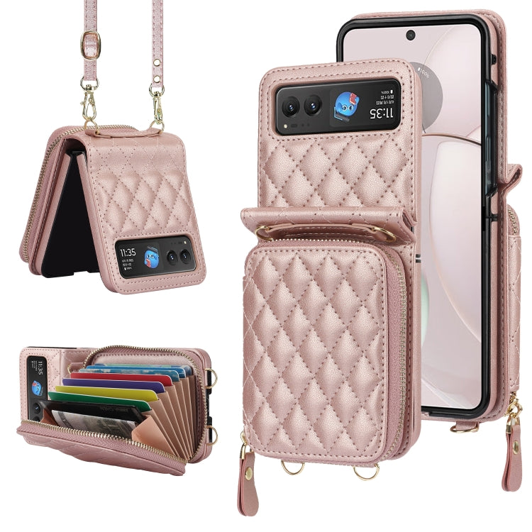 For Motorola Razr 40 Rhombic Texture Card Bag Phone Case with Dual Lanyard(Rose Gold) - Motorola Cases by PMC TechLife | Online Shopping South Africa | PMC TechLife | Buy Now Pay Later Mobicred