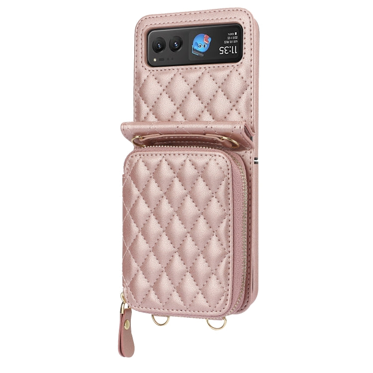 For Motorola Razr 40 Rhombic Texture Card Bag Phone Case with Dual Lanyard(Rose Gold) - Motorola Cases by PMC TechLife | Online Shopping South Africa | PMC TechLife | Buy Now Pay Later Mobicred