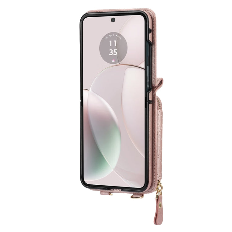 For Motorola Razr 40 Rhombic Texture Card Bag Phone Case with Dual Lanyard(Rose Gold) - Motorola Cases by PMC TechLife | Online Shopping South Africa | PMC TechLife | Buy Now Pay Later Mobicred