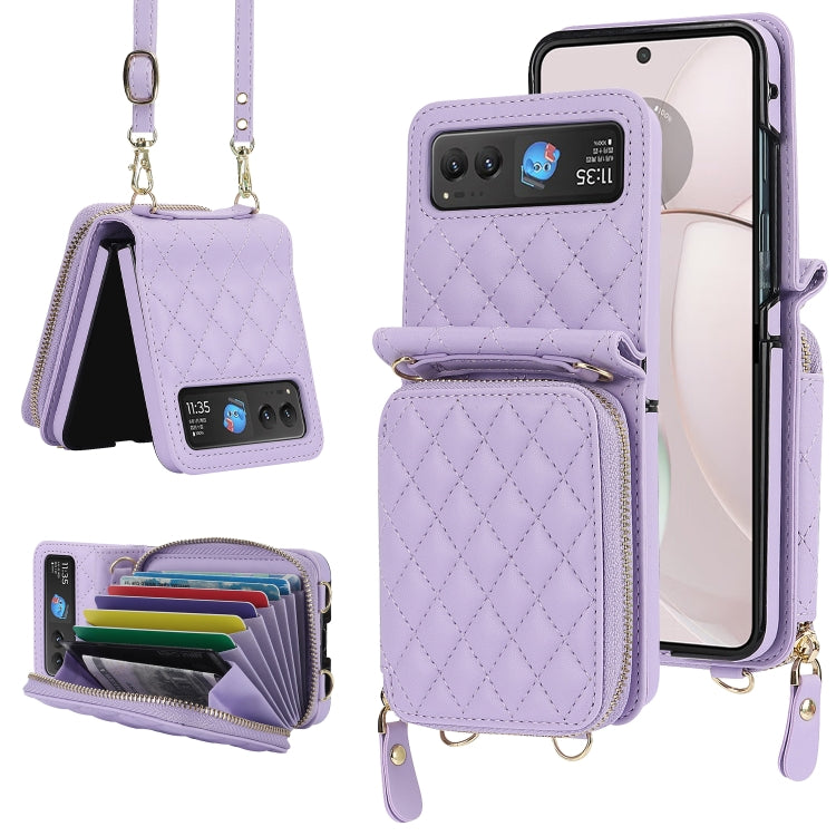 For Motorola Razr 40 Rhombic Texture Card Bag Phone Case with Dual Lanyard(Purple) - Motorola Cases by PMC TechLife | Online Shopping South Africa | PMC TechLife | Buy Now Pay Later Mobicred