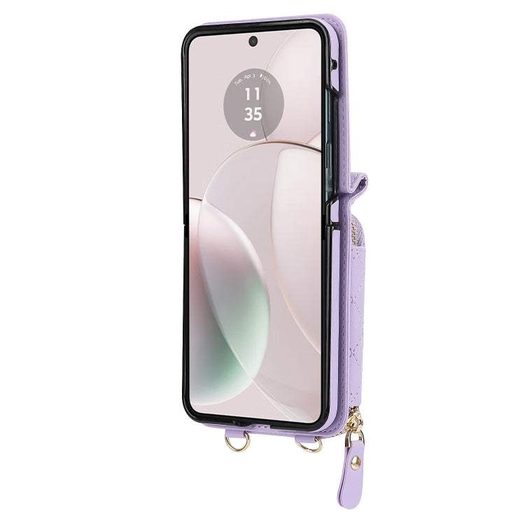 For Motorola Razr 40 Rhombic Texture Card Bag Phone Case with Dual Lanyard(Purple) - Motorola Cases by PMC TechLife | Online Shopping South Africa | PMC TechLife | Buy Now Pay Later Mobicred