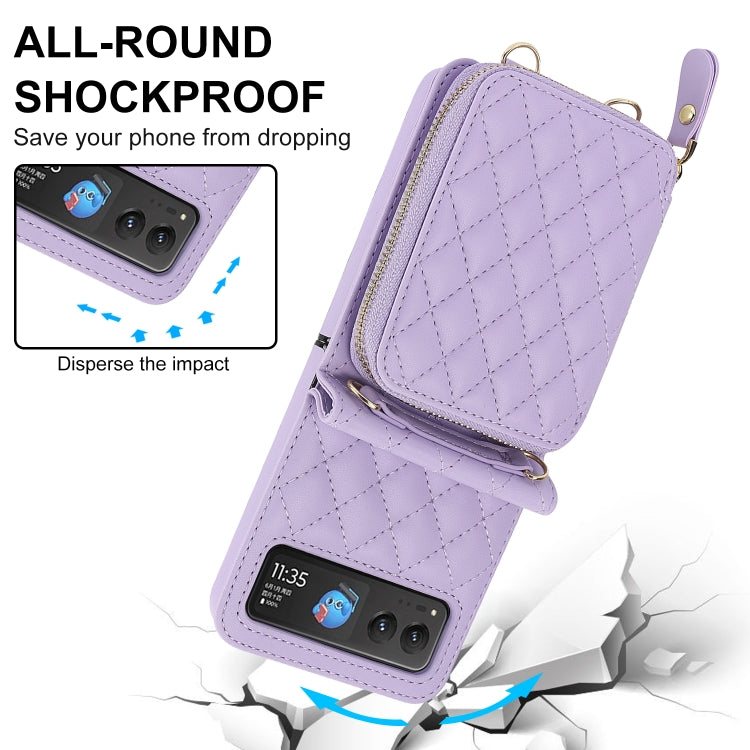 For Motorola Razr 40 Rhombic Texture Card Bag Phone Case with Dual Lanyard(Purple) - Motorola Cases by PMC TechLife | Online Shopping South Africa | PMC TechLife | Buy Now Pay Later Mobicred