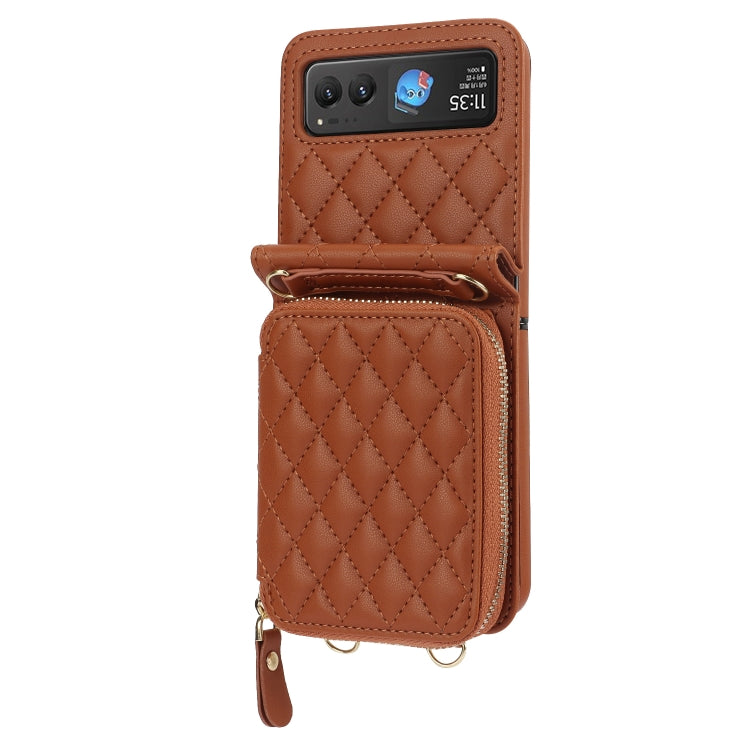 For Motorola Razr 40 Rhombic Texture Card Bag Phone Case with Dual Lanyard(Brown) - Motorola Cases by PMC TechLife | Online Shopping South Africa | PMC TechLife | Buy Now Pay Later Mobicred