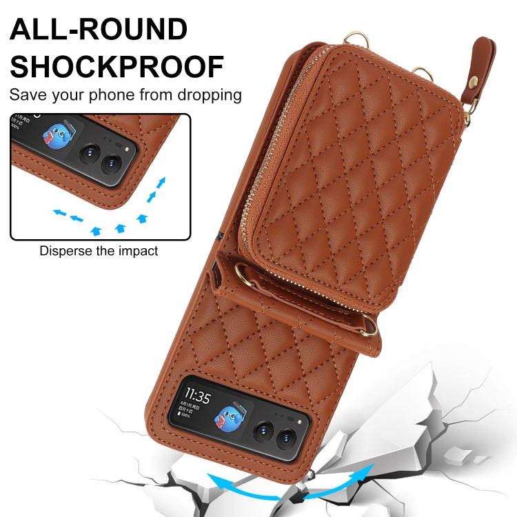 For Motorola Razr 40 Rhombic Texture Card Bag Phone Case with Dual Lanyard(Brown) - Motorola Cases by PMC TechLife | Online Shopping South Africa | PMC TechLife | Buy Now Pay Later Mobicred
