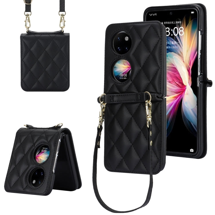 For Huawei P50 Pocket Rhombic Texture Card Bag Phone Case with Dual Lanyard(Black) - Huawei Cases by PMC TechLife | Online Shopping South Africa | PMC TechLife | Buy Now Pay Later Mobicred