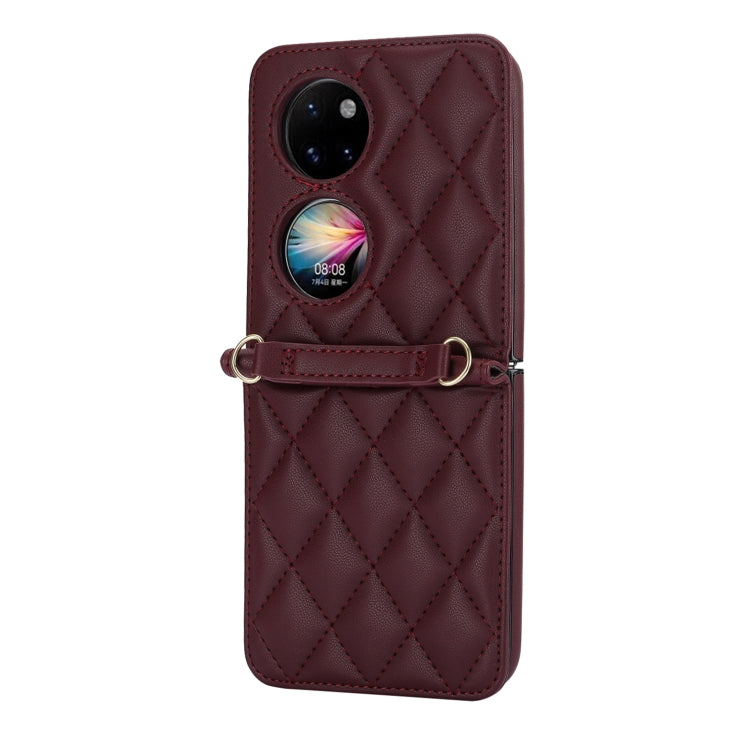 For Huawei P50 Pocket Rhombic Texture Card Bag Phone Case with Dual Lanyard(Burgundy) - free shipping - PMC TechLife - Order now!