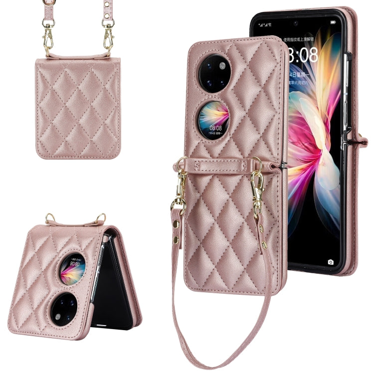 For Huawei P50 Pocket Rhombic Texture Card Bag Phone Case with Dual Lanyard(Rose Gold) - Huawei Cases by PMC TechLife | Online Shopping South Africa | PMC TechLife | Buy Now Pay Later Mobicred