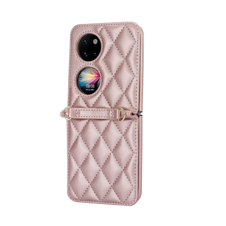 For Huawei P50 Pocket Rhombic Texture Card Bag Phone Case with Dual Lanyard(Rose Gold) - Huawei Cases by PMC TechLife | Online Shopping South Africa | PMC TechLife | Buy Now Pay Later Mobicred