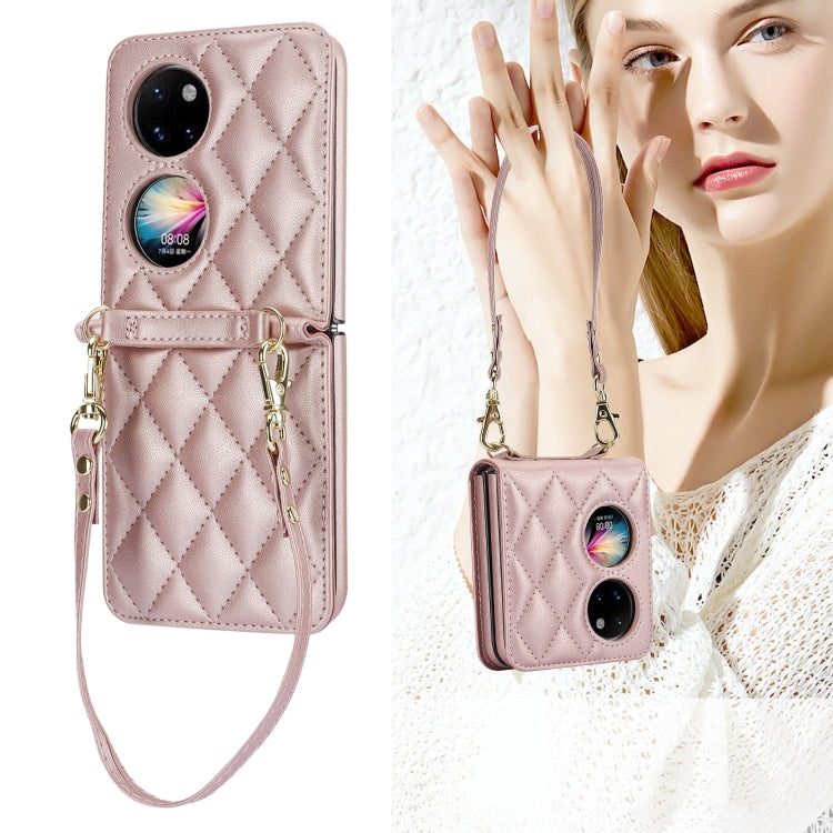 For Huawei P50 Pocket Rhombic Texture Card Bag Phone Case with Dual Lanyard(Rose Gold) - Huawei Cases by PMC TechLife | Online Shopping South Africa | PMC TechLife | Buy Now Pay Later Mobicred